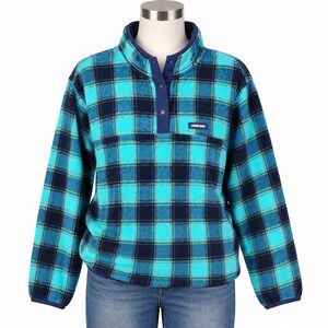 Lands End Fleece Pullover XL Teal Navy Plaid Snap Neck Mock Neck Gorpcore Mens